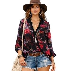 Nicole By Nicole Miller Black Multicolor Floral Sheer Blouse M Romantic Boho